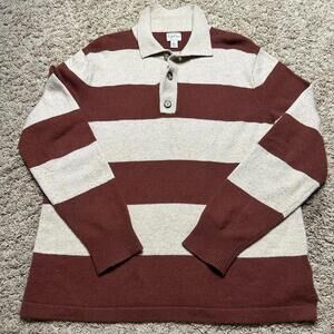 J Crew Men Large L Rugged Merino Wool Blend Rugby Sweater Brown Stripe Collar